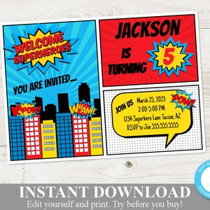 INSTANT DOWNLOAD bewerkbare superheldenuitnodiging 5 x 7 / voeg je eigen tekst toe / afdrukbare / superheldencollectie / item #516