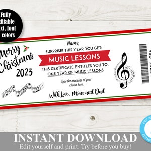 Op de afbeelding: Een afdrukbare kerstcadeaubon voor muzieklessen. Het ontwerp heeft een rode en groene rand, met de tekst "Merry Christmas 2023" en "MUSIC LESSONS". Bevat een G-sleutel, muzieknoten en de woorden "With Love, Mom and Dad."