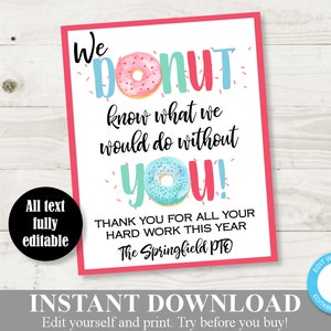 INSTANT DOWNLOAD Editable 8x10 We Donut Know What We Would Do Without You Sign/ Teacher Appreciation / PTO / Beginning of School / Item #800