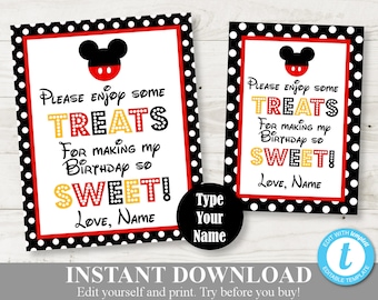 DESCARGA INSTANTÁNEA: Letreros de fiesta editables de dulces de ratón de 5x7 y 8x10 / Escribe tu nombre / Colección clásica de ratones / Artículo n.° 1523