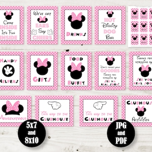 May include: Pink and black printable signs with polka dots and a cartoon mouse character. The signs include text such as "Come Inside", "Handy Helpers", "Gifts", "Food Buffet", "This Way to the Clubhouse", and "Clubhouse Activities".