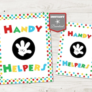May include: Two printable signs with a colourful polka dot border. The signs say "Handy Helpers" with a black and white cartoon hand in the middle.