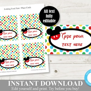 INSTANT DOWNLOAD Mouse Clubhouse Printable Editable Food Tent Party Cards / Place Cards /  You Type Text / Clubhouse Collection / Item #1634