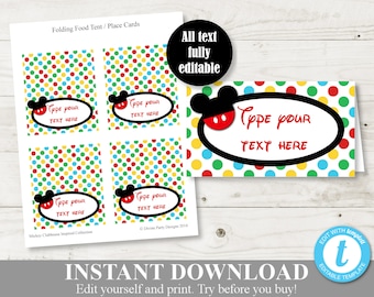 INSTANT DOWNLOAD Mouse Clubhouse Printable Editable Food Tent Party Cards / Place Cards /  You Type Text / Clubhouse Collection / Item #1634