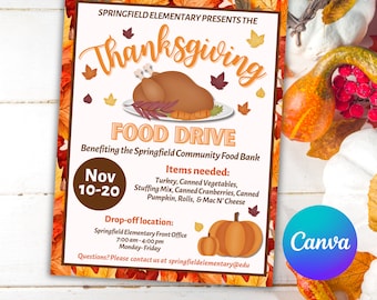 Printable Thanksgiving Food Drive Flyer Template, Invitation, Food Bank Donation, PTO, PTA, Edit on Canva,  Church, Charities, Item #2917