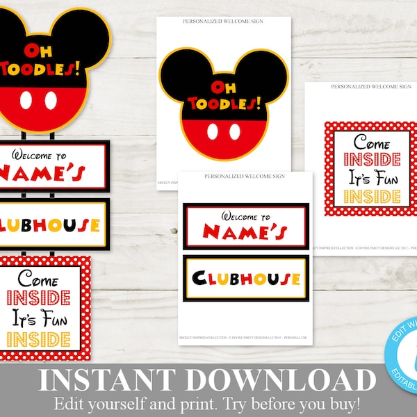 INSTANT DOWNLOAD Editable Mouse Hanging Welcome Party Sign / You Type Name / Classic Mouse Collection / Item #1541