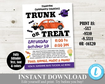INSTANT DOWNLOAD Printable Trunk or Treat Halloween Flyer / Fully Editable / 5x7  8x10  8.5x11  16x20 / Halloween Collection / Item #2910