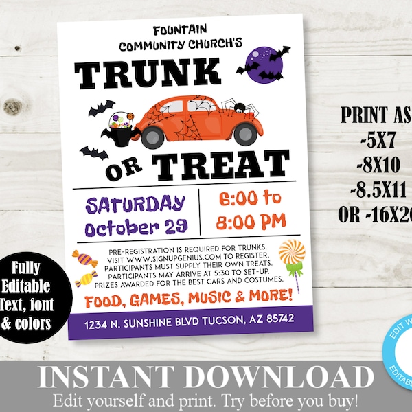 INSTANT DOWNLOAD Printable Trunk or Treat Halloween Flyer / Fully Editable / 5x7  8x10  8.5x11  16x20 / Halloween Collection / Item #2910