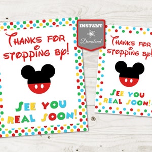 May include: Printable thank you card featuring Mickey Mouse with the text "Thanks for stopping by! See you real soon!" The card has a colorful polka dot border.