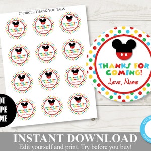 INSTANT DOWNLOAD Editable Mouse Clubhouse  2" Circle Thanks Printable Party Favor Tags/ You Type Name / Clubhouse Collection / Item #1655