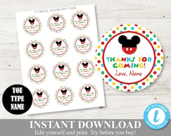 INSTANT DOWNLOAD Editable Mouse Clubhouse  2" Circle Thanks Printable Party Favor Tags/ You Type Name / Clubhouse Collection / Item #1655
