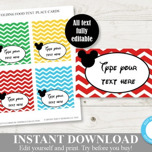 INSTANT DOWNLOAD Mouse Clubhouse Editable Printable Chevron Food Tent Cards /Place Cards / You Type Text / Clubhouse Collection / Item #1640