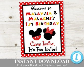 INSTANT DOWNLOAD Editable Boy and Girl Mouse Printable 8x10 Welcome Come Inside Fun Inside Sign /Type Name Age /G&B Collection / Item #2119