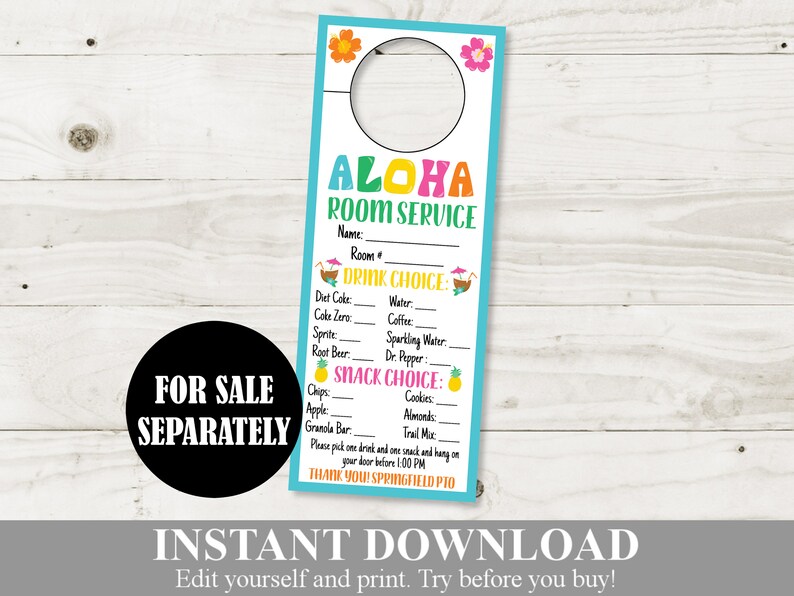 May include: A blue and yellow door hanger with the text "ALOHA ROOM SERVICE" and a list of drink and snack choices. The text "FOR SALE SEPARATELY" is on a black circle.