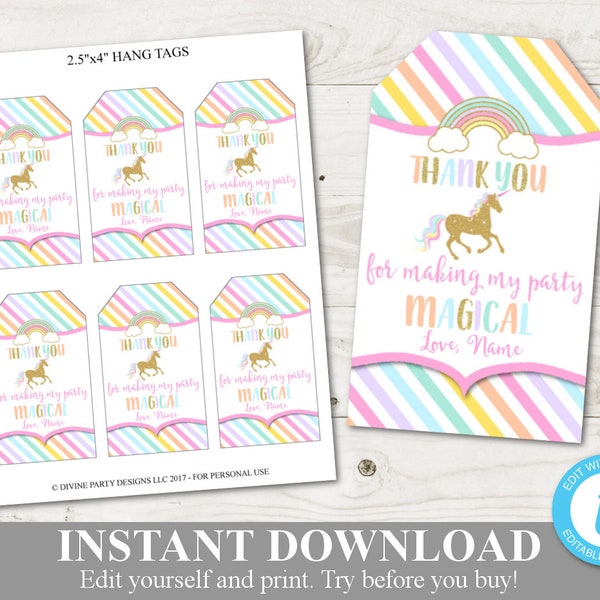 INSTANT DOWNLOAD Printable Unicorn 2.5"x4" Editable Party Hang Tags / Favors / Type Name / Unicorn Collection / Item #3542