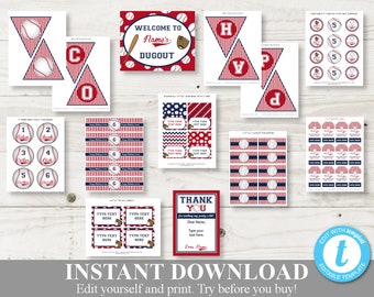 INSTANT DOWNLOAD Printable Baseball Birthday Party Package / Editable - You Type / 11 Items / Baseball Collection / Item #901