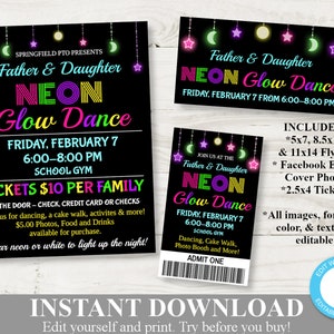 Op de afbeelding: Printbare neon glow dance party uitnodiging met een zwarte achtergrond en kleurrijke neon tekst. De uitnodiging bevat de tekst "Father & Daughter Neon Glow Dance" en de datum en tijd van het evenement. De uitnodiging bevat ook een ticket sjabloon met de tekst "Join us at the Father & Daughter Neon Glow Dance".