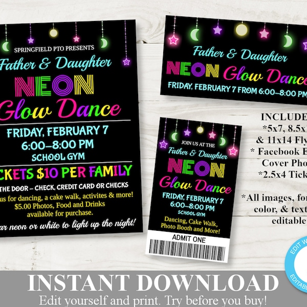 INSTANT DOWNLOAD Printable PTO Father & Daughter Neon Glow Dance Package/90's Theme / Flyers / Facebook Event Cover / Item #1114