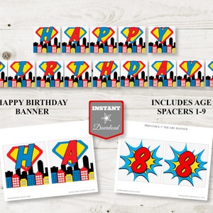 INSTANT DOWNLOAD Superhero Happy Birthday Banner with Age Spacers / Printable DIY / Superheroes Collection / Item 502 image 1