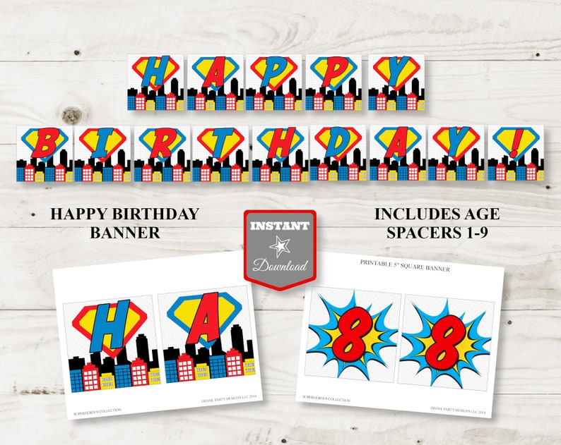 INSTANT DOWNLOAD Superhero Happy Birthday Banner with Age Spacers / Printable DIY / Superheroes Collection / Item 502 image 1