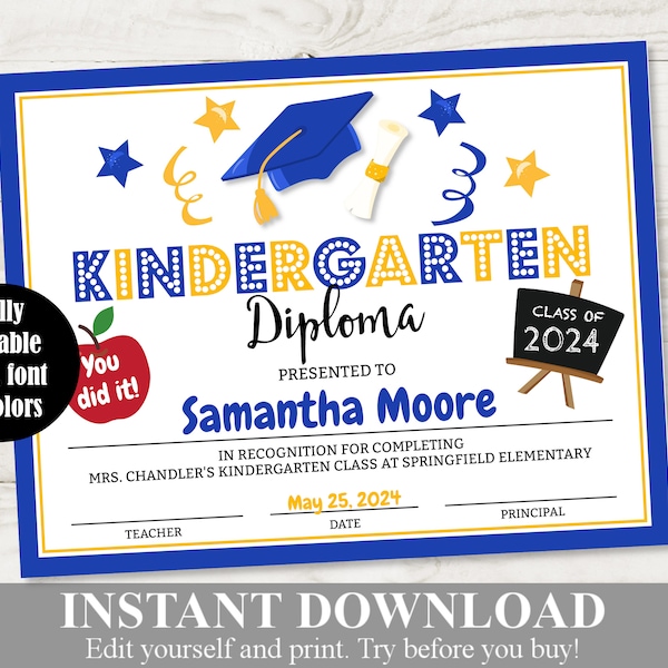 INSTANT DOWNLOAD Printable Kindergarten Graduation Blue Yellow Diploma / Certificate / Editable - You Type / School Printables / Item #3981