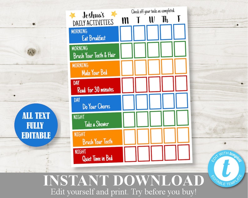 INSTANT DOWNLOAD Printable Daily Weekly Tasks or Activities - Etsy
