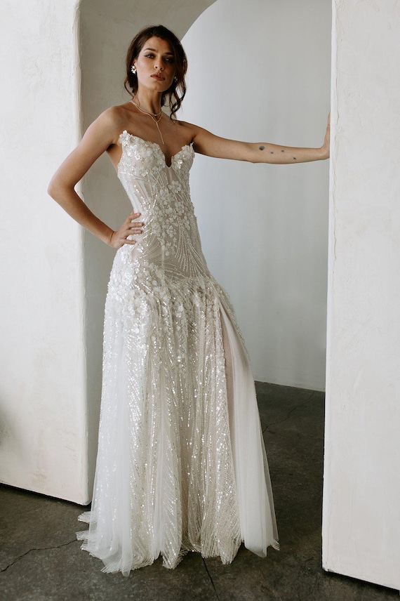 Sequin Sparkly Floral Bursts Wedding Gown Fit and Flair Dropped Waist Art  Deco - Etsy