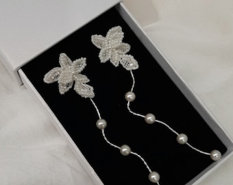 Annelise - wedding beaded lace ear studs and pearl drop cascading earrings - sterling silver or gold plated