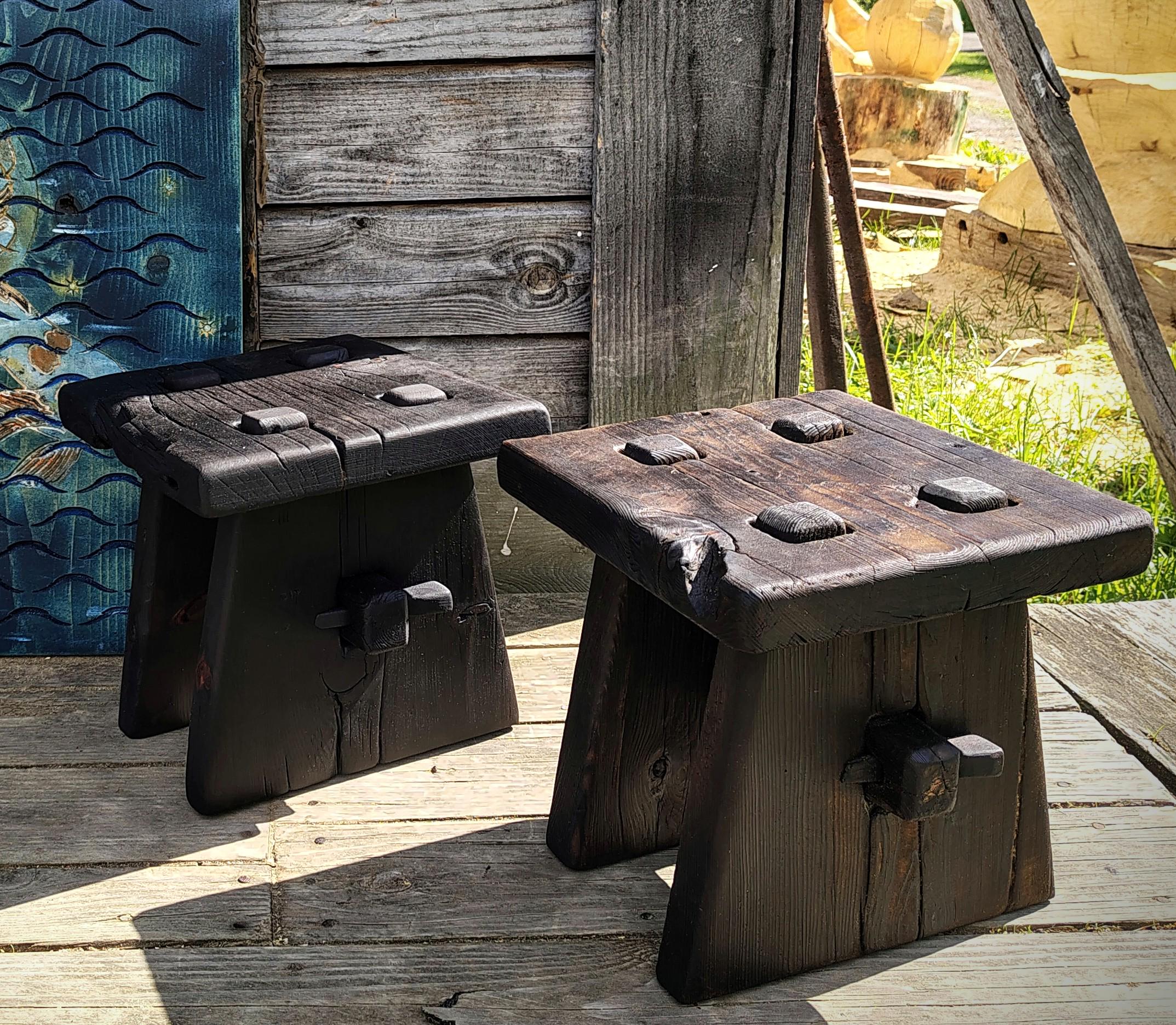 Yakisugi Charred Barnwood Stool - Wabi Sabi Wooden Plant Stand