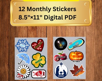 12 Monthly Calendar Stickers Digital Download PDF