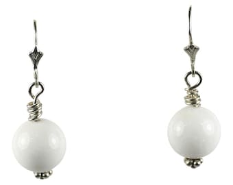 White Jade Drop Earrings, Hand Made with Sterling Silver lever-back, Silver earrings, Dangle Drop Earrings, statement earrings