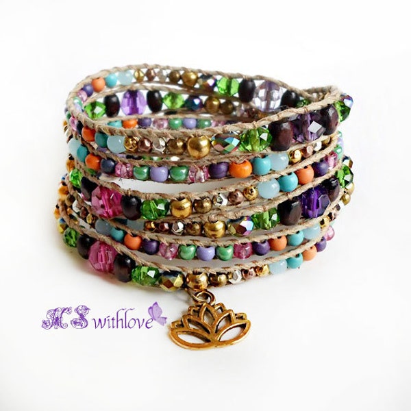 Bohemian wrap bracelet, Colorful six wrap bracelet, Lotus flower charm bracelet, Yoga bracelet