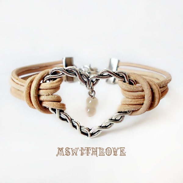 Natural leather bracelet heart connector boho bohemian handmade accesories bangle bracelet