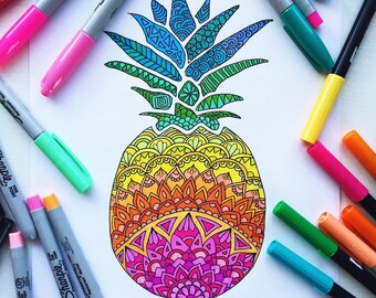 Downloadable coloring page, Pineapple adult coloring page, Summer coloring page, Kids coloring page download, Mandala coloring page