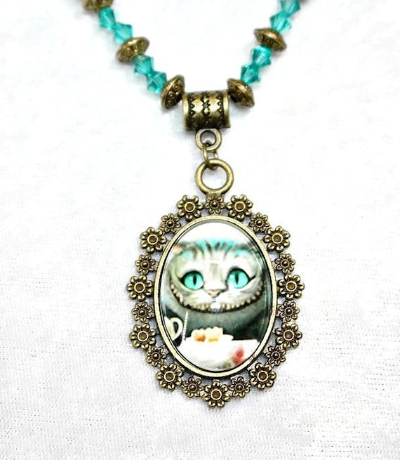 Cheshire Cat Necklace Aqua Alice In Wonderland - Cheshire Cat Pendant Swarovski Cheshire Cat Necklace Aqua Alice In Wonderland - Cheshire Cat Pendant Swarovski