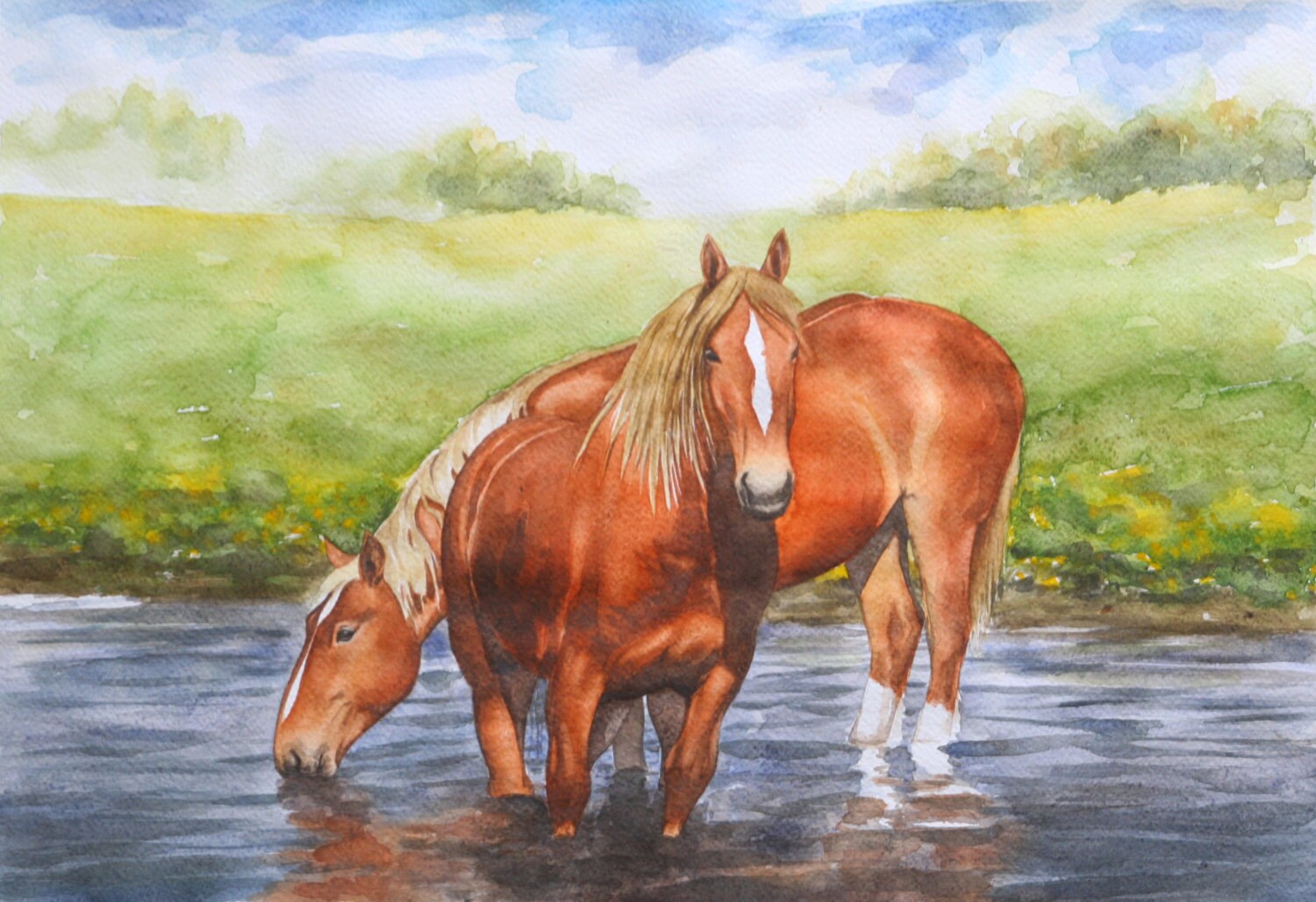 Original watercolor painting Horses on the water Etsy