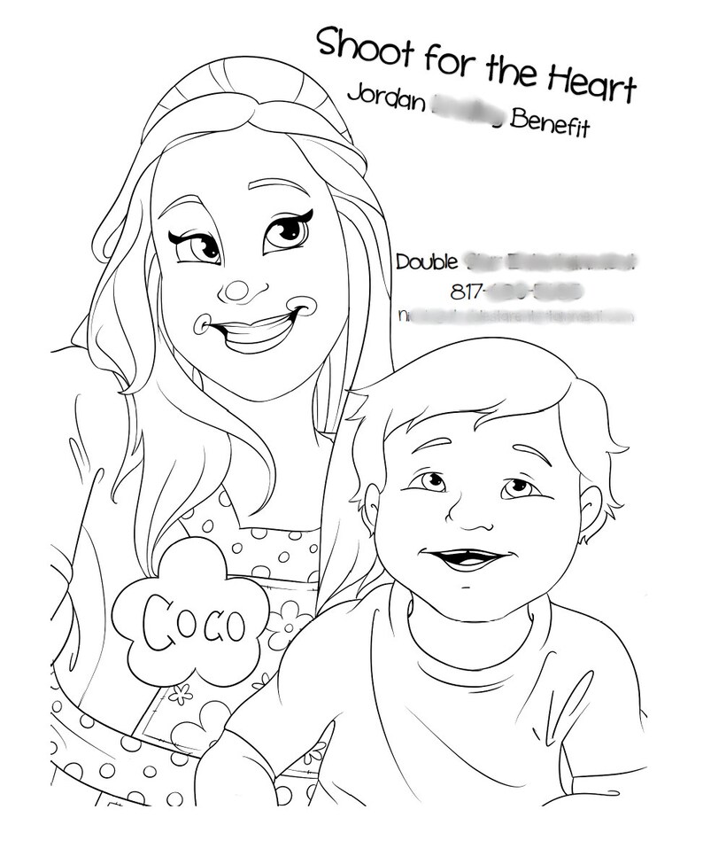 May include: A black and white line drawing of a woman with long hair and a girl with short hair. The woman is wearing a dress with polka dots and the girl is wearing a t-shirt. The woman has a speech bubble above her head that says "Coco". The text "Shoot for the Heart" is at the top of the image.