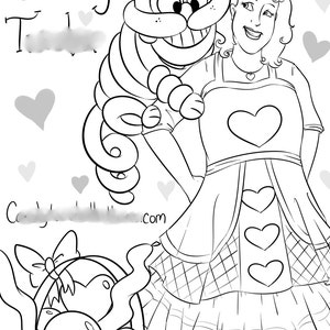 May include: A black and white line drawing of a girl wearing a heart-shaped dress and a cat with a big smile. The girl is holding the cat's paw. The text "Candy" is written at the top of the image.