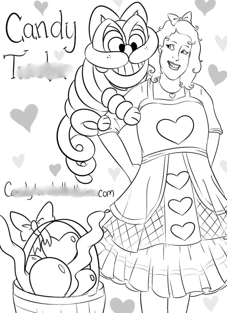 May include: A black and white line drawing of a girl wearing a heart-shaped dress and a cat with a big smile. The girl is holding the cat's paw. The text "Candy" is written at the top of the image.