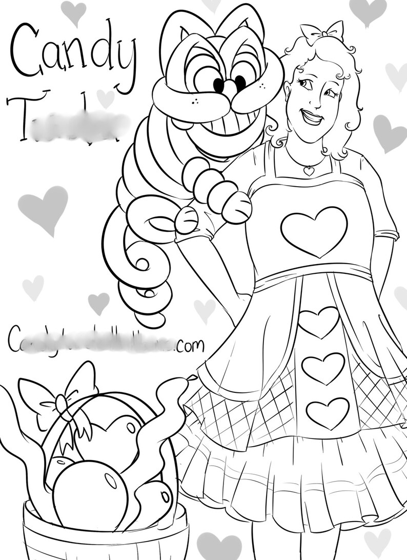 May include: A black and white line drawing of a girl wearing a heart-shaped dress and a cat with a big smile. The girl is holding the cat's paw. The text "Candy" is written at the top of the image.