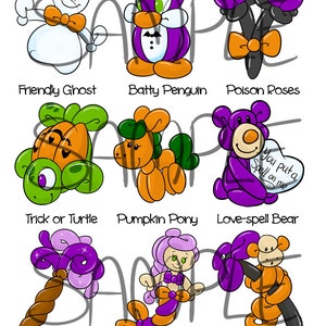 Könnte beinhalten: Ein Set mit zehn Ballontier-Illustrationen mit Halloween-Motiven. Die Illustrationen zeigen einen freundlichen Geist, einen Fledermaus-Pinguin, Giftrosen, eine Trick-oder-Turtle, ein Kürbis-Pony, einen Liebeszauber-Bären, einen Zauberstab, eine mystische Meerjungfrau und einen gespenstischen Affen.