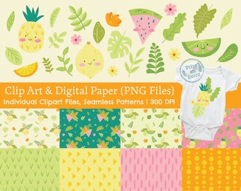 Summer Fruit Digital Paper Seamless Patterns & Clipart Elements Set PNG 300 DPI Instant Digital Download