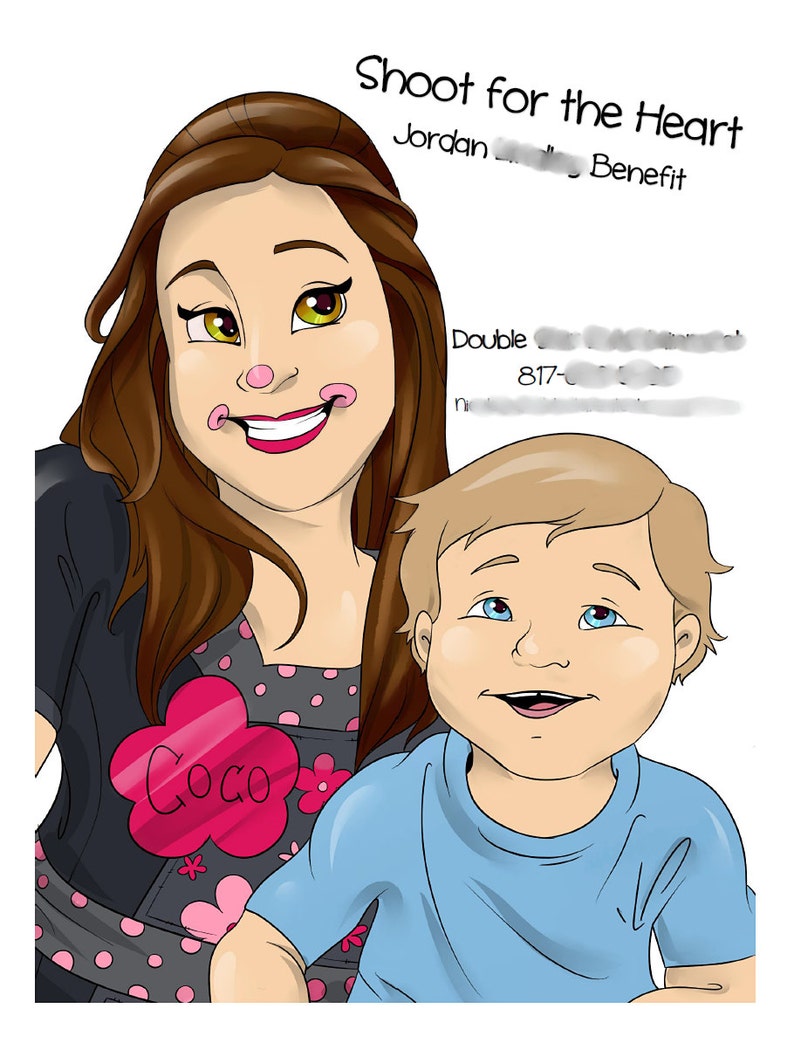 May include: A cartoon illustration of a woman with brown hair and a pink polka dot shirt holding a young boy with blonde hair. The woman is wearing a pink heart with the word "Coco" on it. The text "Shoot for the Heart" is at the top of the image.