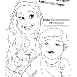May include: A black and white line drawing of a woman with long hair and a girl with short hair. The woman is wearing a dress with polka dots and the girl is wearing a t-shirt. The woman has a speech bubble above her head that says "Coco". The text "Shoot for the Heart" is at the top of the image.