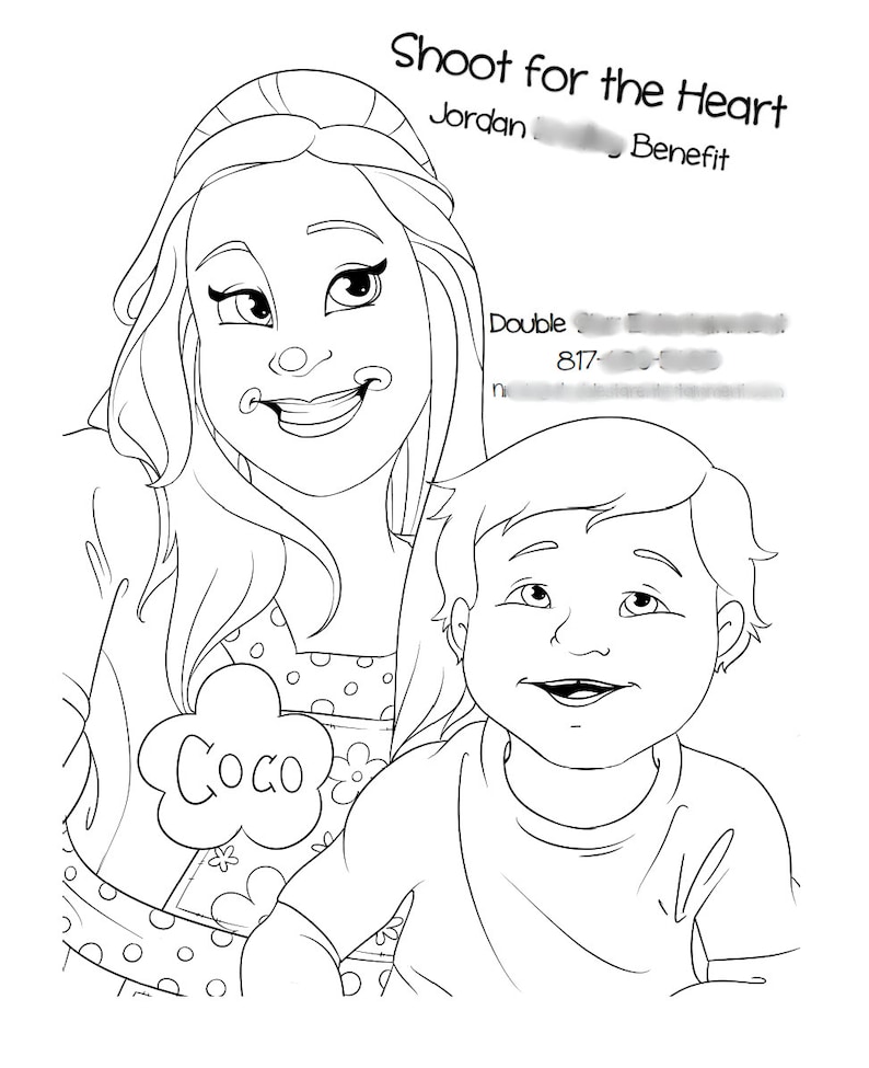 May include: A black and white line drawing of a woman with long hair and a girl with short hair. The woman is wearing a dress with polka dots and the girl is wearing a t-shirt. The woman has a speech bubble above her head that says "Coco". The text "Shoot for the Heart" is at the top of the image.