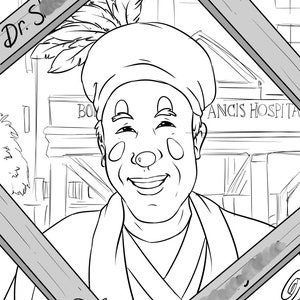 May include: A black and white line drawing of a clown with a feather in their hat, smiling and holding a sign that says "Free Hugs". The clown is standing in front of a building with the words "Francis Hospital" on it.