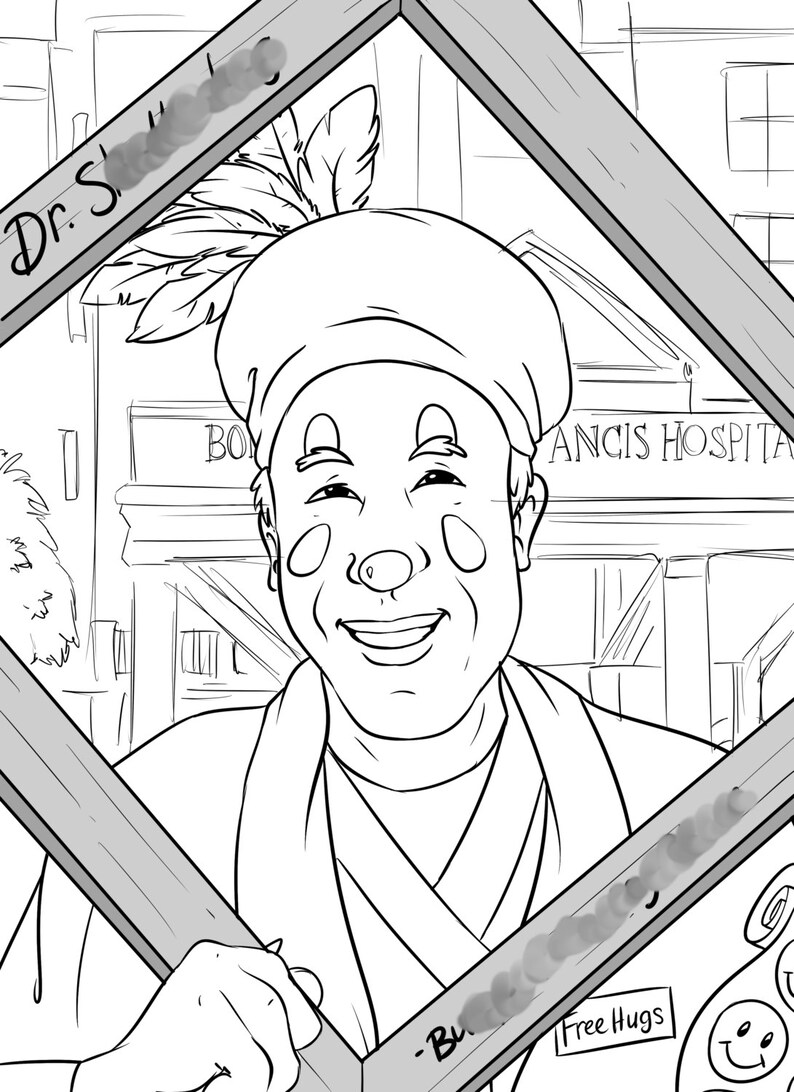 May include: A black and white line drawing of a clown with a feather in their hat, smiling and holding a sign that says "Free Hugs". The clown is standing in front of a building with the words "Francis Hospital" on it.