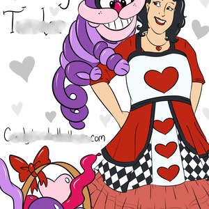 May include: A purple and pink cartoon cat with a wide grin and a woman wearing a red dress with white hearts and a black and white checkered pattern. The woman has dark hair and is wearing a red bow. The text "Candy Time" is in the top left corner of the image.