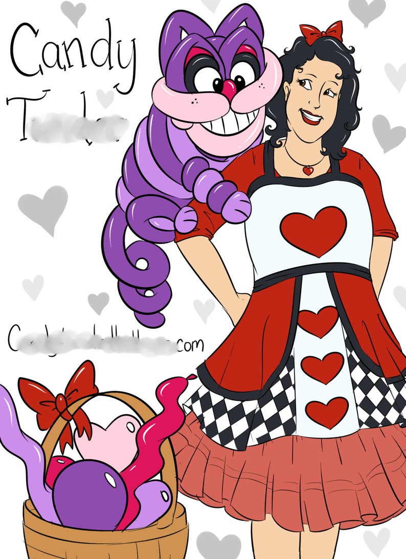 May include: A purple and pink cartoon cat with a wide grin and a woman wearing a red dress with white hearts and a black and white checkered pattern. The woman has dark hair and is wearing a red bow. The text "Candy Time" is in the top left corner of the image.