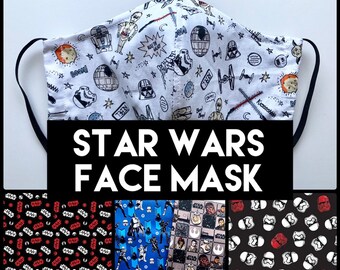 Star Wars Face Mask with Filter Pockets Made in USA Washable Reusable 100% COTTON Face Mask Mouth Mask Adjustable Elastic